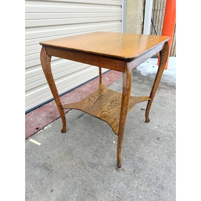 Wood Antique Victorian Style Tiger Oak Square 2 Tier Side Table With Glass Top. For Sale - Image 7 of 11