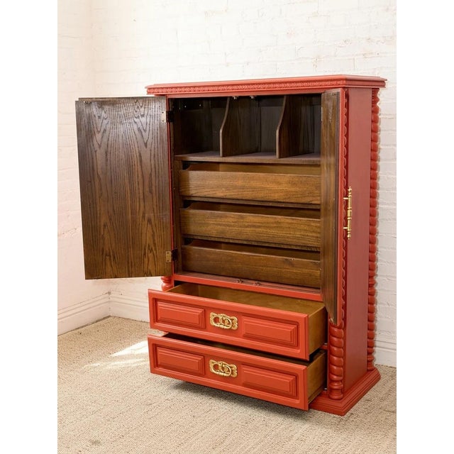 Vintage Red Armoire With Ornate Gold Hardware For Sale In Los Angeles - Image 6 of 12