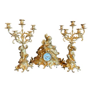 1860 French Louis XV Gilt Ormolu Clock Set – 3 Pieces For Sale