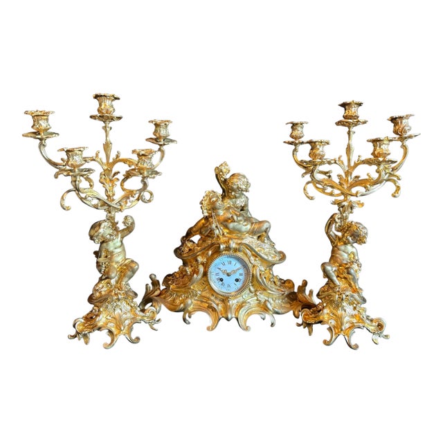 1860 French Louis XV Gilt Ormolu Clock Set – 3 Pieces For Sale