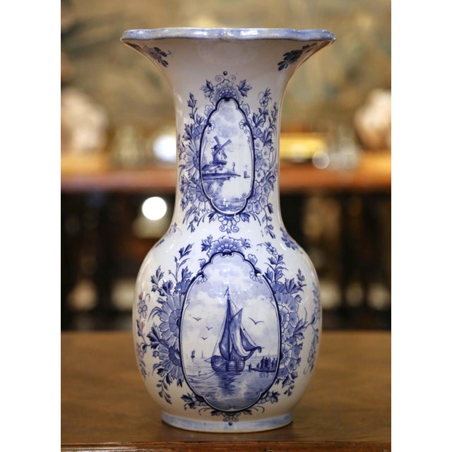 Blue Pair of Early 20th Century Dutch Delft Faience Vases With Sailboats & Windmills For Sale - Image 8 of 11