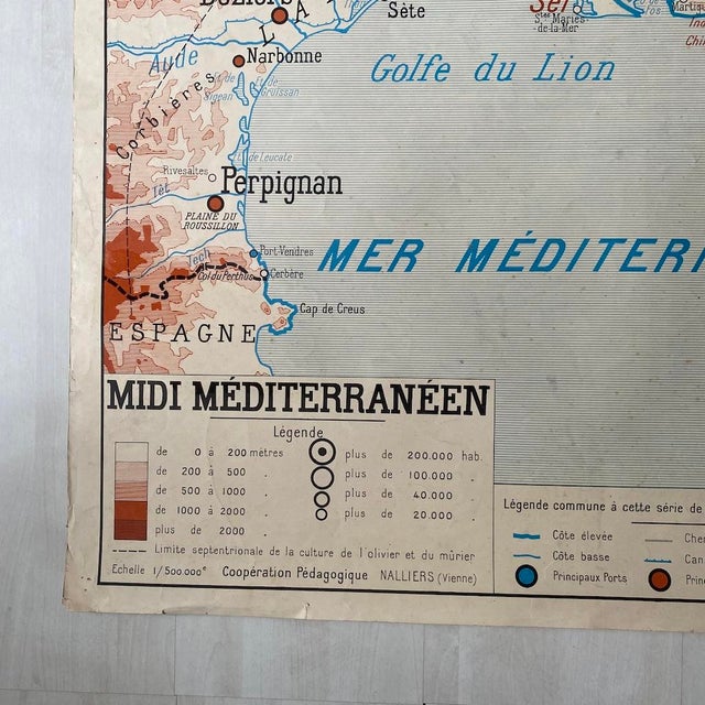 Vintage School Map of Aquitaine Basin / Mediterranean South, 1950s For Sale - Image 4 of 10