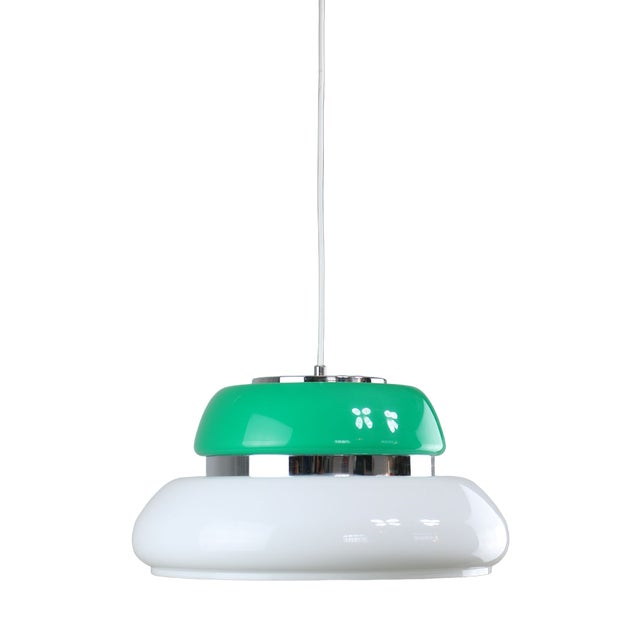 Italian Space Age Ceiling Lamp in Green in White & Green Acrylic Glass and Chrome, 1970s For Sale