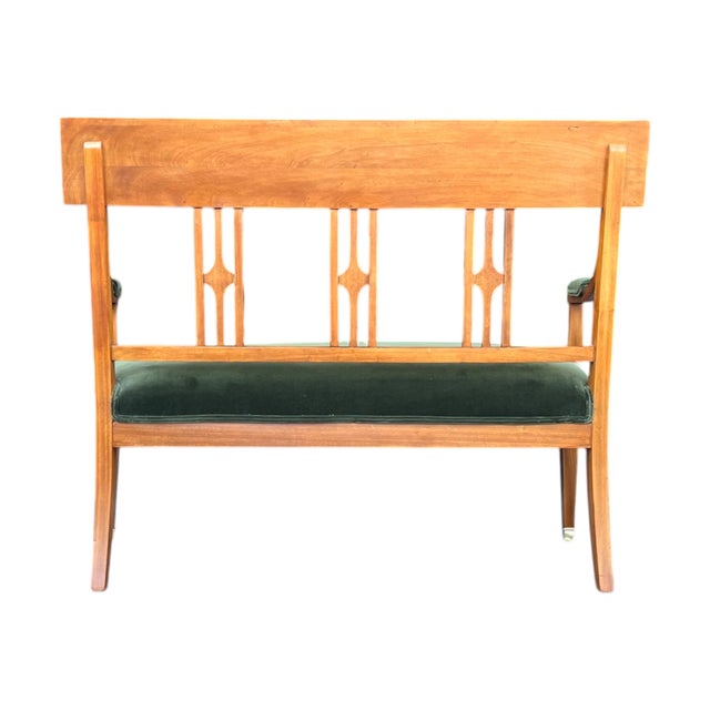 Wood Antique Sheraton Style Walnut Bench in Green Velvet With Brass Accents For Sale - Image 7 of 7