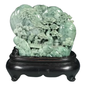 Late 20th Century Chinese Art Dark Green Jade Mountain Scenery With Wooden Base Sculpture