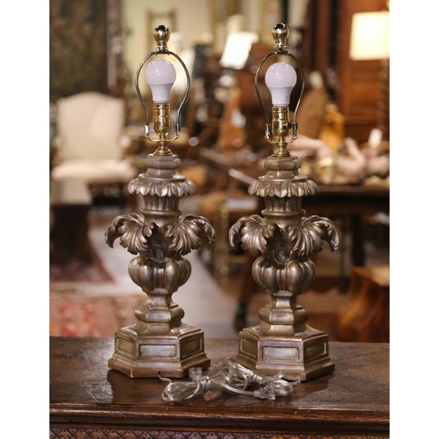 Lights Pair of Mid-Century Italian Carved Silvered Table Lamps For Sale - Image 7 of 9