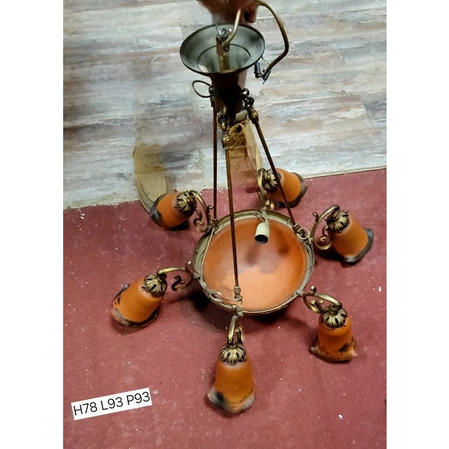 Art Nouveau Style Chandelier in Brass, Bronze and Glass Paste after Muller, 1950s For Sale - Image 4 of 6