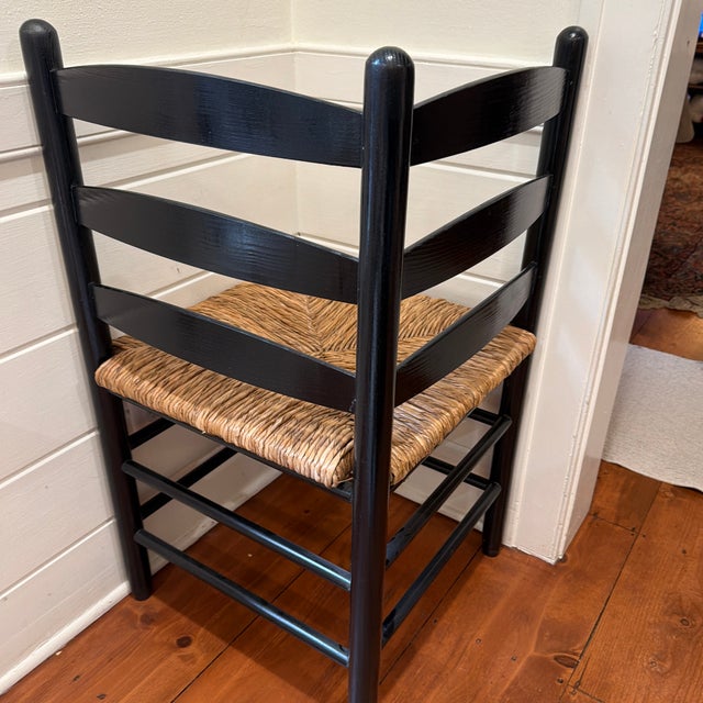 Vintage Mid-Century Ebonized Ladder-Back Corner Chair With Woven Rush Seat For Sale - Image 4 of 8