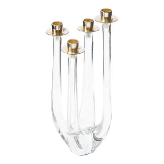 Mid-Century Crystal & Brass Amorphic Four Arm Candelabra Signed Schneider For Sale