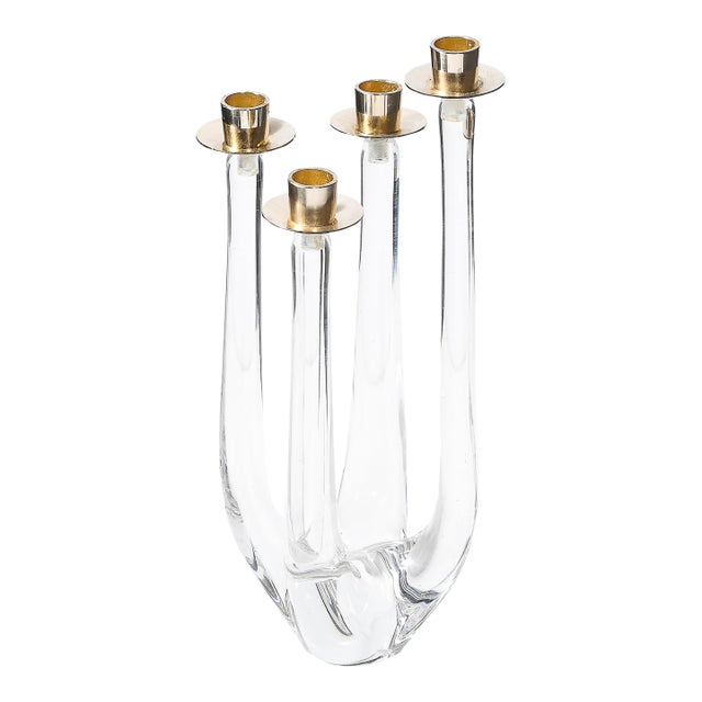 Mid-Century Crystal & Brass Amorphic Four Arm Candelabra Signed Schneider For Sale