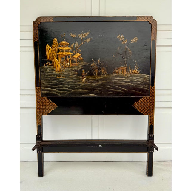 Japanese 19th C. Chinoiserie English Black Lacquered Headboard and Footboard For Sale - Image 3 of 12