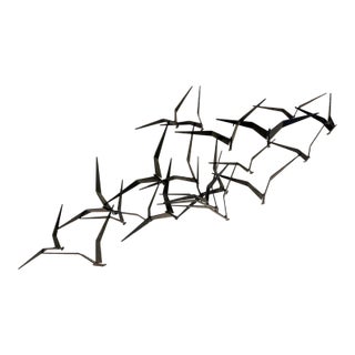 Vintage Iron Flock Bird Wall Sculpture MCM Coastal Large 56" Walling Hanging Art For Sale