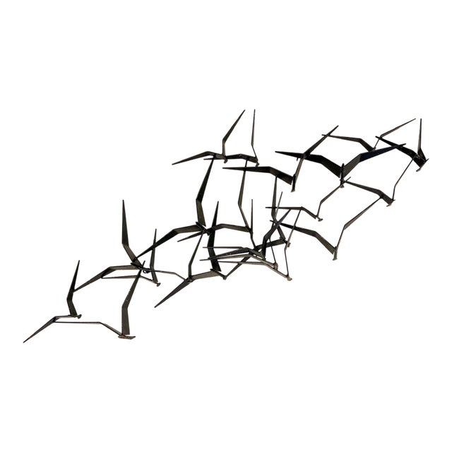 Vintage Iron Flock Bird Wall Sculpture MCM Coastal Large 56" Walling Hanging Art For Sale