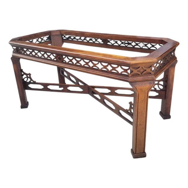 Vintage Chinese Chippendale Palm Beach Regency Fretwork Stained Wood Dining Room Table Base For Sale