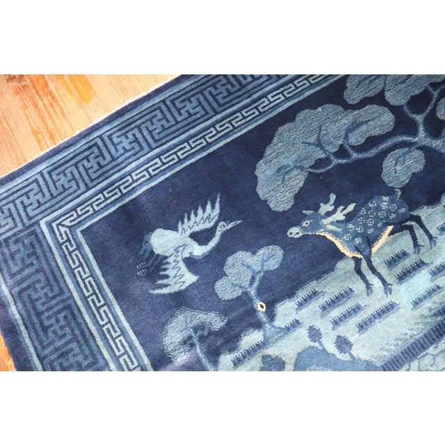 Blue Zabihi Collection Chinese Blue Deer Bird Pictorial Landscape Rug For Sale - Image 8 of 8