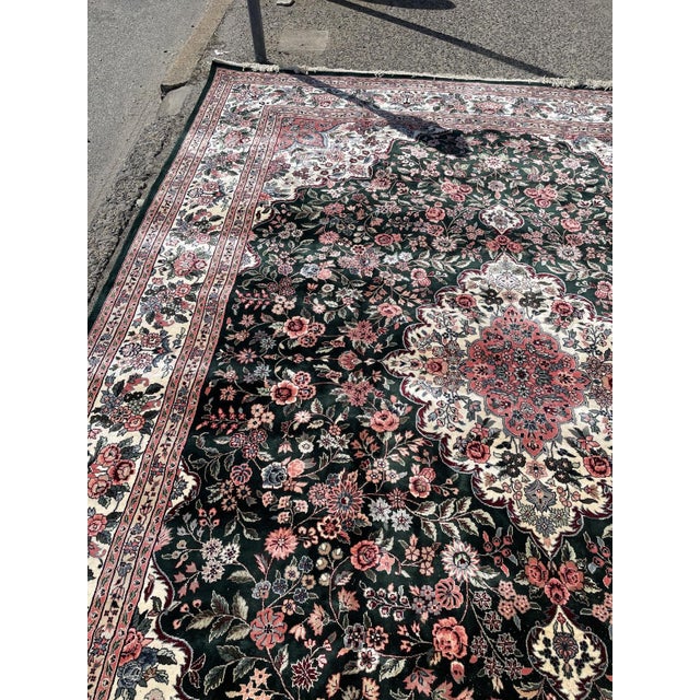 Green Vintage 1970s Chinese Silk Rug, Floral Medallion, Green Field, 8'10" X 11'11" (247cm X 363cm) For Sale - Image 8 of 10