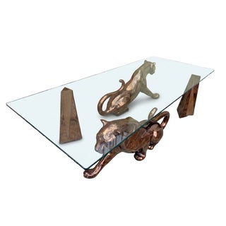 Hollywood Regency Mottled Bronze Ceramic Panthers Pedestal Coffee Table. Circa 1970s For Sale