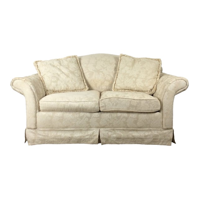 Vintage White Floral Loveseat With Throw Pillows For Sale
