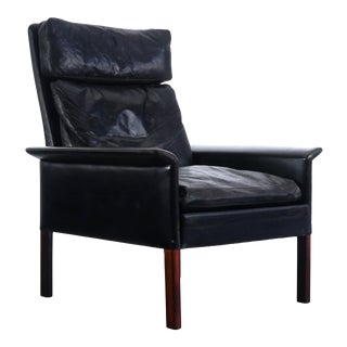 Rosewood and Vintage Black Leather Lounge Chair by Hans Olsen for CS Møbler For Sale