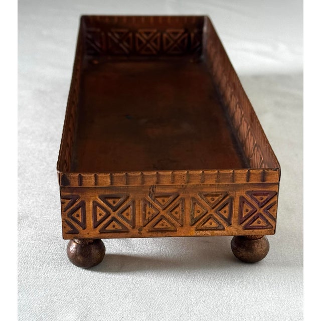 Metal Vintage Arts & Crafts Copper Geometric Relief Rectangular Tray For Sale - Image 7 of 12
