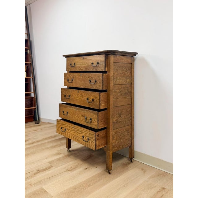 Antique Oak Dresser Five Drawer Tallboy Chest of Drawers Bedroom Furniture For Sale - Image 9 of 10