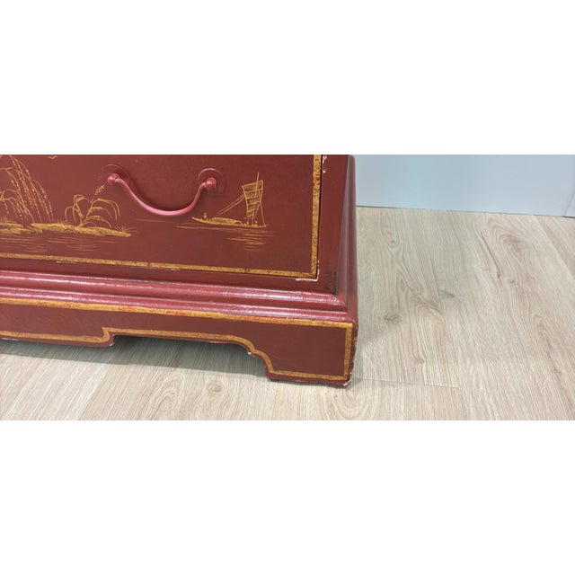 Wood 18th C Style Two Word Arts Red Chinoiserie Secretary Desk Bookcase (2 Pieces) With Custom Paint For Sale - Image 7 of 13