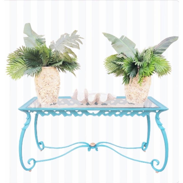 Vintage Custom Painted Coastal Regency Blue Gold Wave Drape Design Cast Iron Console Table For Sale - Image 11 of 12