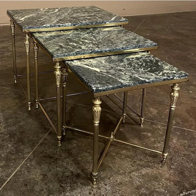 Mid-Century Modern Set of 3 Mid-Century Neoclassical Brass & Marble Nesting Tables For Sale - Image 3 of 13