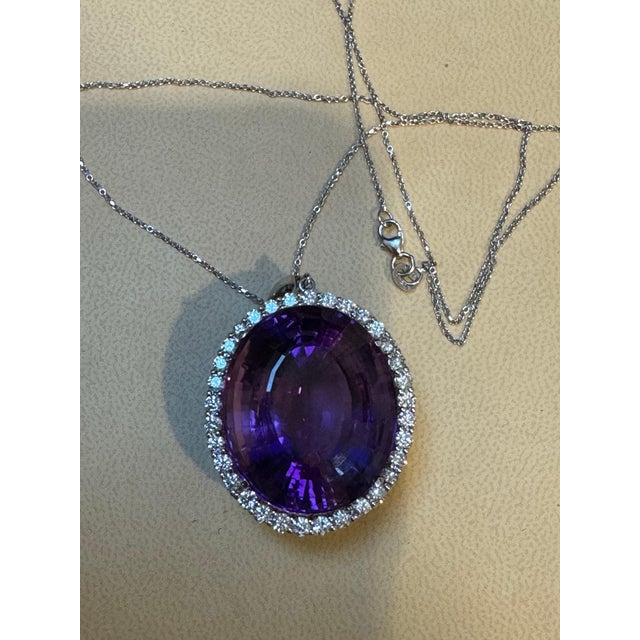 80 Carat Amethyst & 3.5 ct Diamond Pendant Necklace 14 Karat White Gold + Chain For Sale In New York - Image 6 of 18