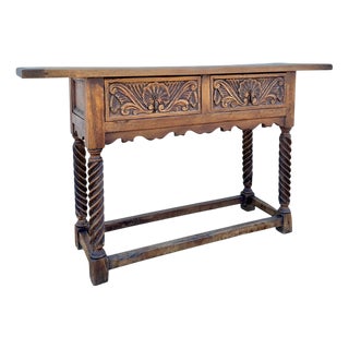 Spanish Castilian Console Table with Two Carved Drawers and Turned Legs, 1890s For Sale