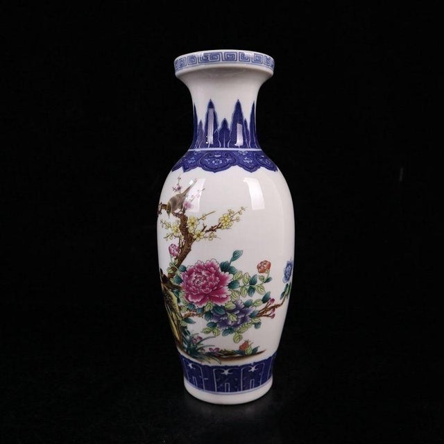Mid 20th Century Mid 20th Century Pair of Chinese Porcelain Vases, Famille Rose Bird and Peony Floral Vases For Sale - Image 5 of 9