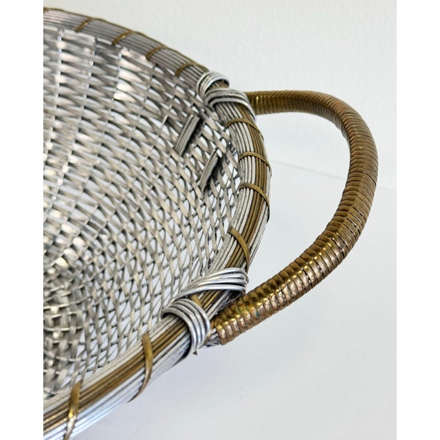 Vintage French Style Woven Silver Basket W/ Brass Handles For Sale - Image 9 of 10