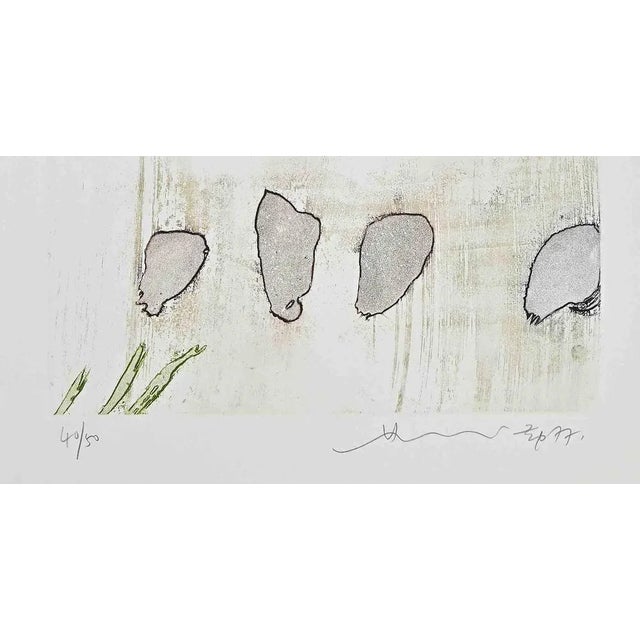 Abstract composition is an original colored etching realized by Hsiao Chin in 1977. The artwork is hand-signed and dated...