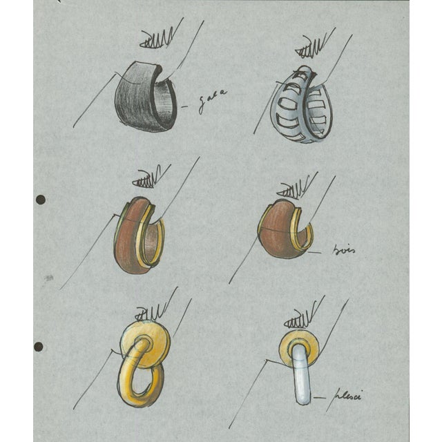 Original jewelry design sheet featuring six modernist earring concepts, including sculptural hoops and circular forms in...