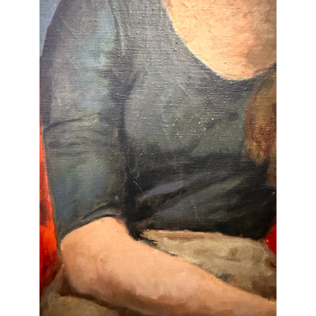 Blue Stunning Mid Century Modern MCM Figurative Portrait Painting of Young Woman Unsigned For Sale - Image 8 of 14