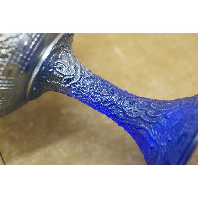 Antique Fenton Cobalt Blue Iridescent Carnival Glass Persian Medallion Compote For Sale - Image 10 of 12