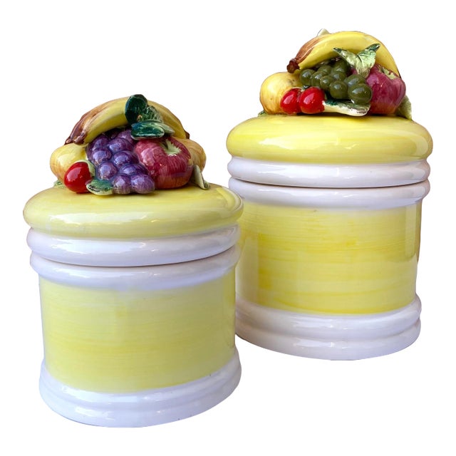 Vintage Italian Capodimonte Style Canisters With Fruit - Set of 2 For Sale