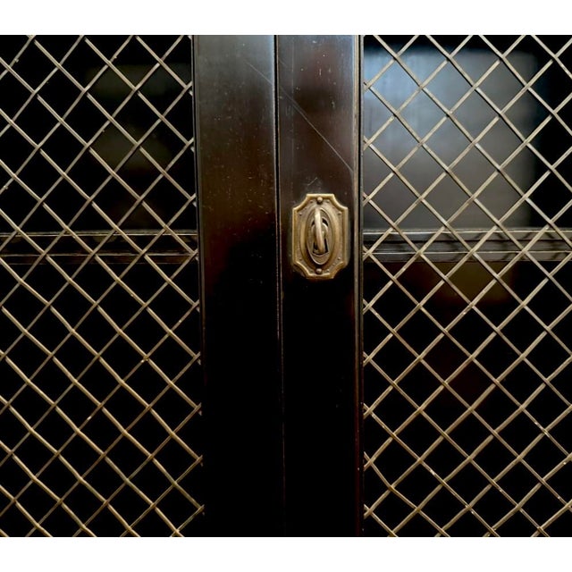 Mid-Century Regency / Directoire Style Black & Gilt Painted Cabinet / Bookcase / Bar With Inset Wire Screen & Key, Attrib. To Baker Furniture For Sale In Dallas - Image 6 of 12
