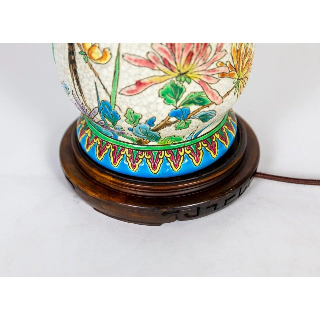 Wood Early 20th Century Crackle Glaze Ceramic Lamp With Painted Peacock & Flower Scene For Sale - Image 7 of 9