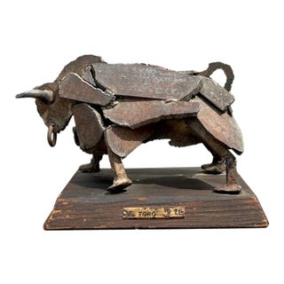 Vintage 1971 Brutalist Torch Cut Steel Bull For Sale