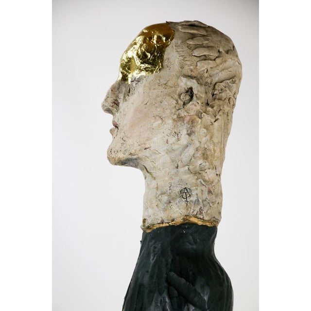 Ceramic Figurative Mixed Media Bust Sculpture in Ceramic Oxides and Carved Fir by Óscar Aldonza Torres, 2021 For Sale - Image 7 of 16