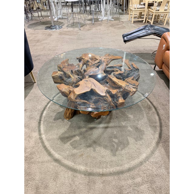Contemporary Late 20th Century Teak Root Coffee Table With 48” Round Glass Top For Sale - Image 3 of 6