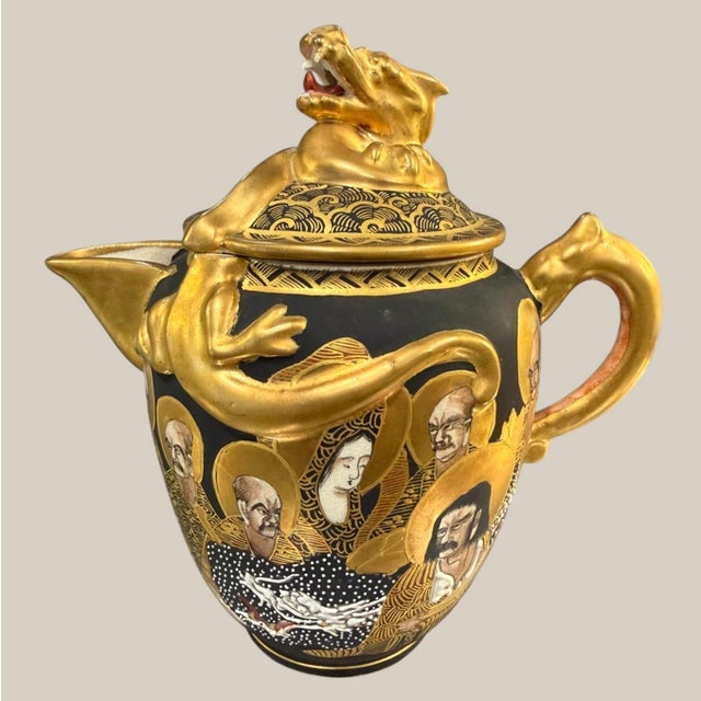 Stunning 24-piece vintage Japanese Satsuma-style Dragonware tea set, elaborately hand painted with traditional figural...