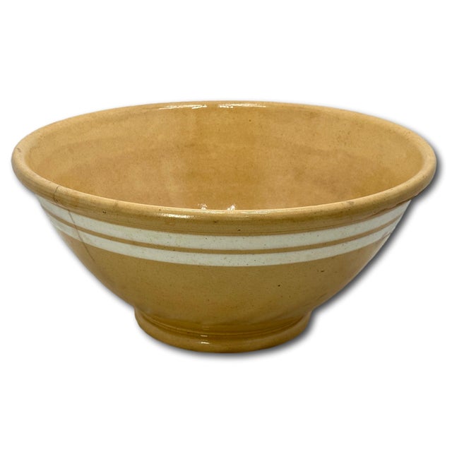 Antique Large Thick & Heavy 15 Inch Size Double Cream Banded Yellow Ware Kitchen Mixing Bowl Circa Mid 1800s For Sale In Boston - Image 6 of 18