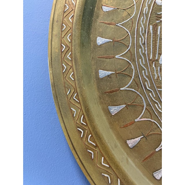 Early 20th Century Brass Tray With Silver and Copper Inlay Egyptian Design For Sale - Image 5 of 9