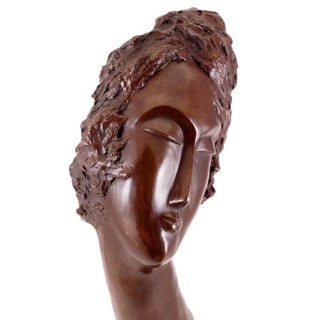 Art Deco Artist, Brown Patinated Woman's Head Sculpture, Bronze For Sale - Image 5 of 8