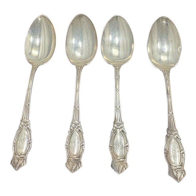 Simpson Hall Miller Sterling Silver 6” Tablespoons Mille Fleurs Set of 4 Mono For Sale