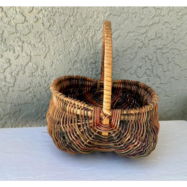 Farmhouse Vintage 1900s Rustic Multicolored “Buttocks” Rattan Wicker Basket For Sale - Image 3 of 10