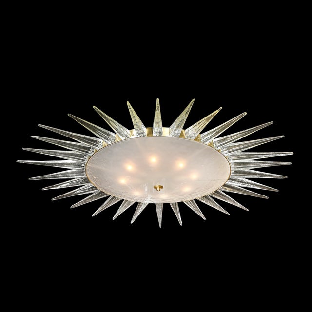 Off-white Modernist Brass Fitted Hand-Blown Murano Glass Starburst Spike Form Chandelier For Sale - Image 8 of 17