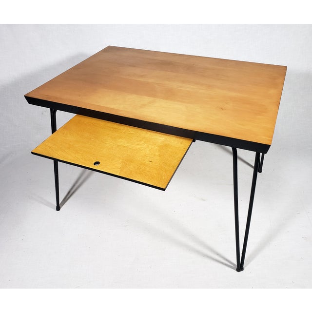 Vintage Original Mid-Century Modern Maple Wood Table W Hairpin Metal Legs & Wood Pull-Out For Sale In Baltimore - Image 6 of 14